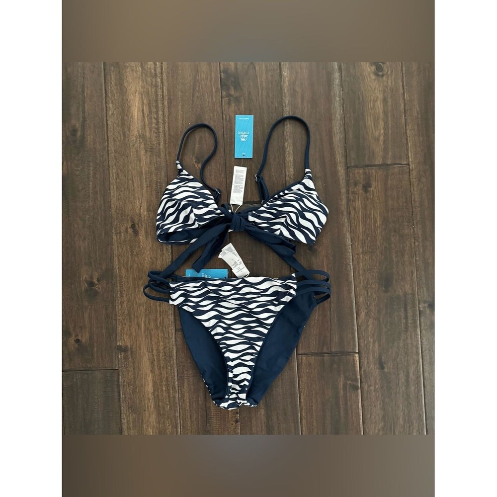Cupshe Navy & White Wavy Stripe Triangle Bikini Top S/Bottom M NWT